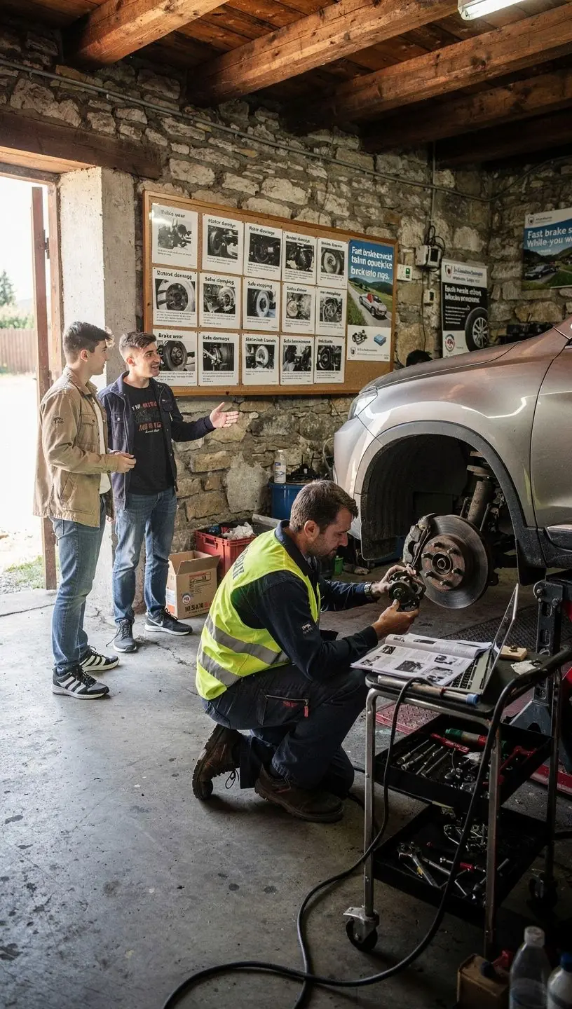 Interiér autoservisu s profesionálnym vybavením na opravu brzdových systémov.