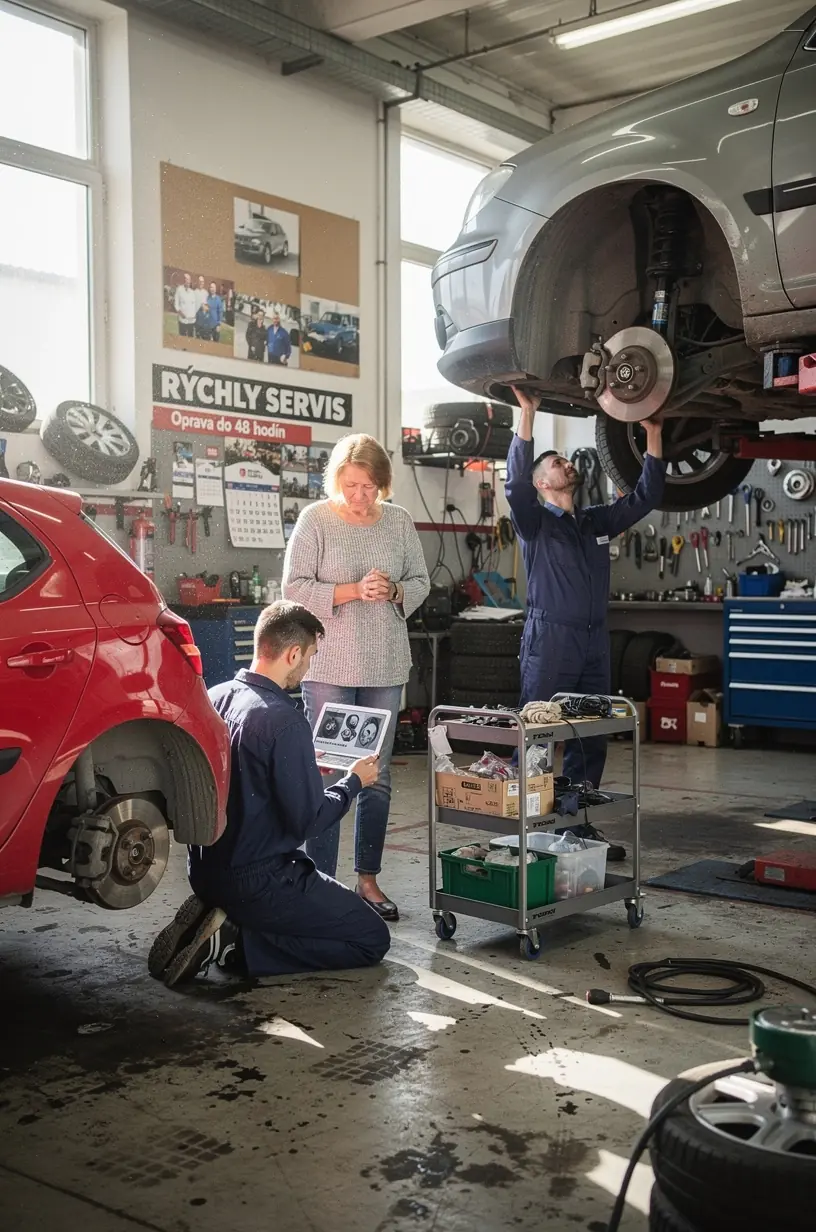 Zameranie na podvozok vozidla počas sezónnej údržby v autoservise na Slovensku.